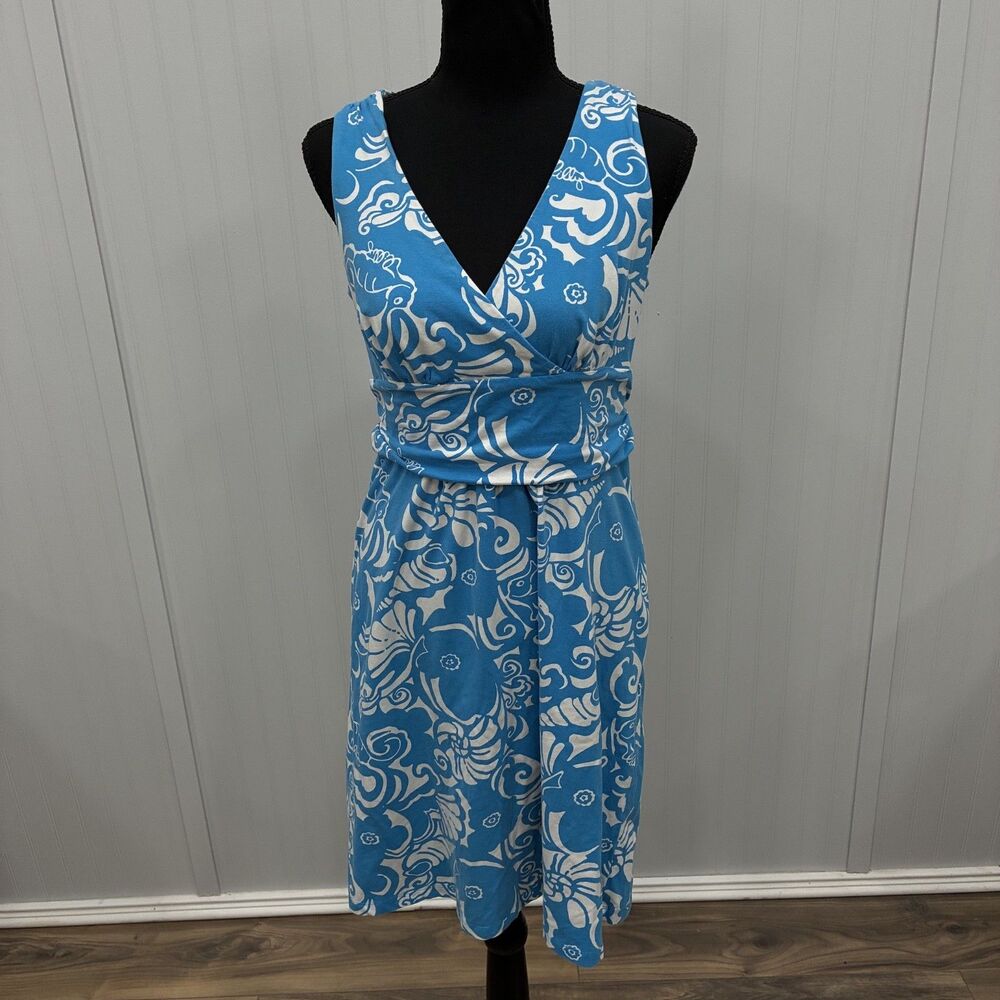 Lilly Pulitzer Womens L Blue White Floral Print Sleeveless V-Neck Midi Dress